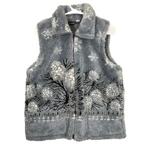 Mazmania Fleece Vest Womens S Blue Fuzzy Winter Pinecone Snowflake Full Zip USA